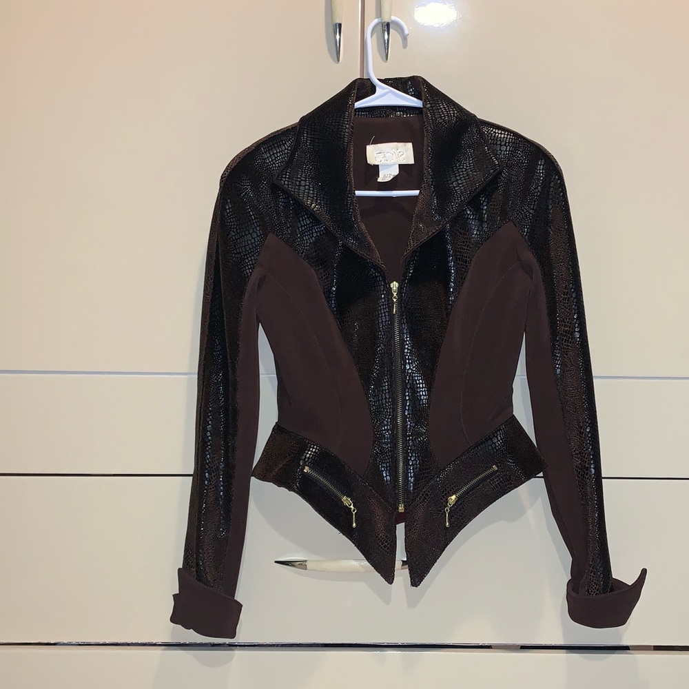 Cache Dark Brown Textured Leather Moto Jacket